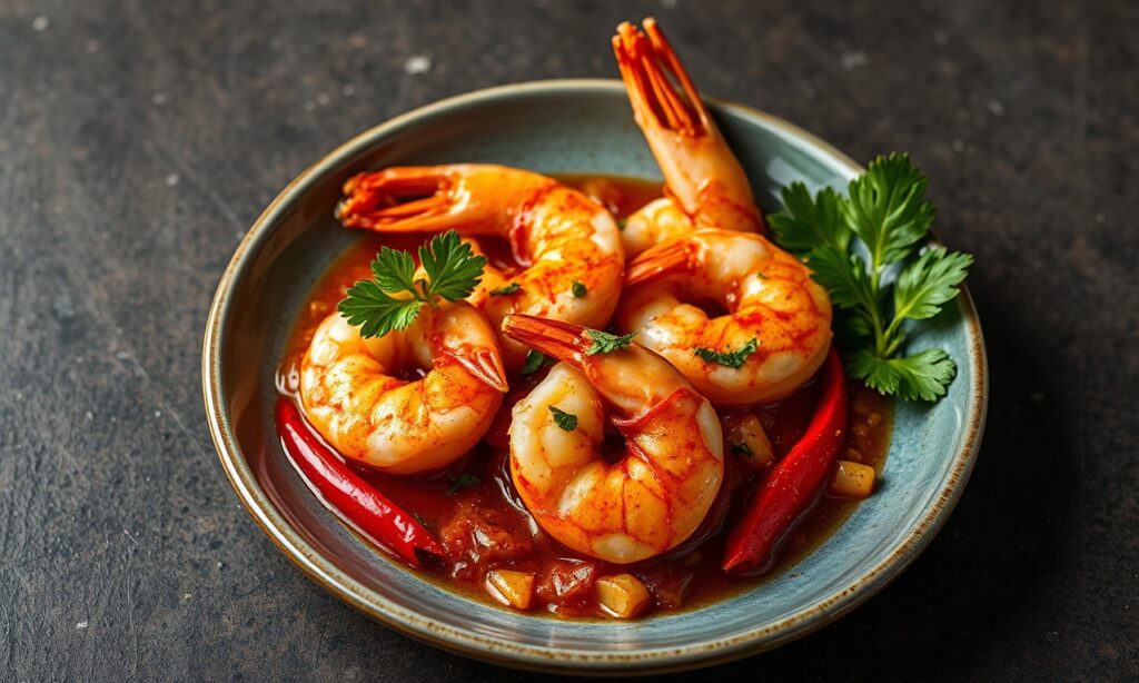 Sizzling shrimp in spicy garlic and annatto oil - culinary adventure.