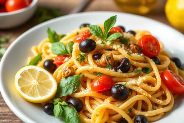 Bright Mediterranean pasta salad with fresh lemon-herb vinaigrette.
