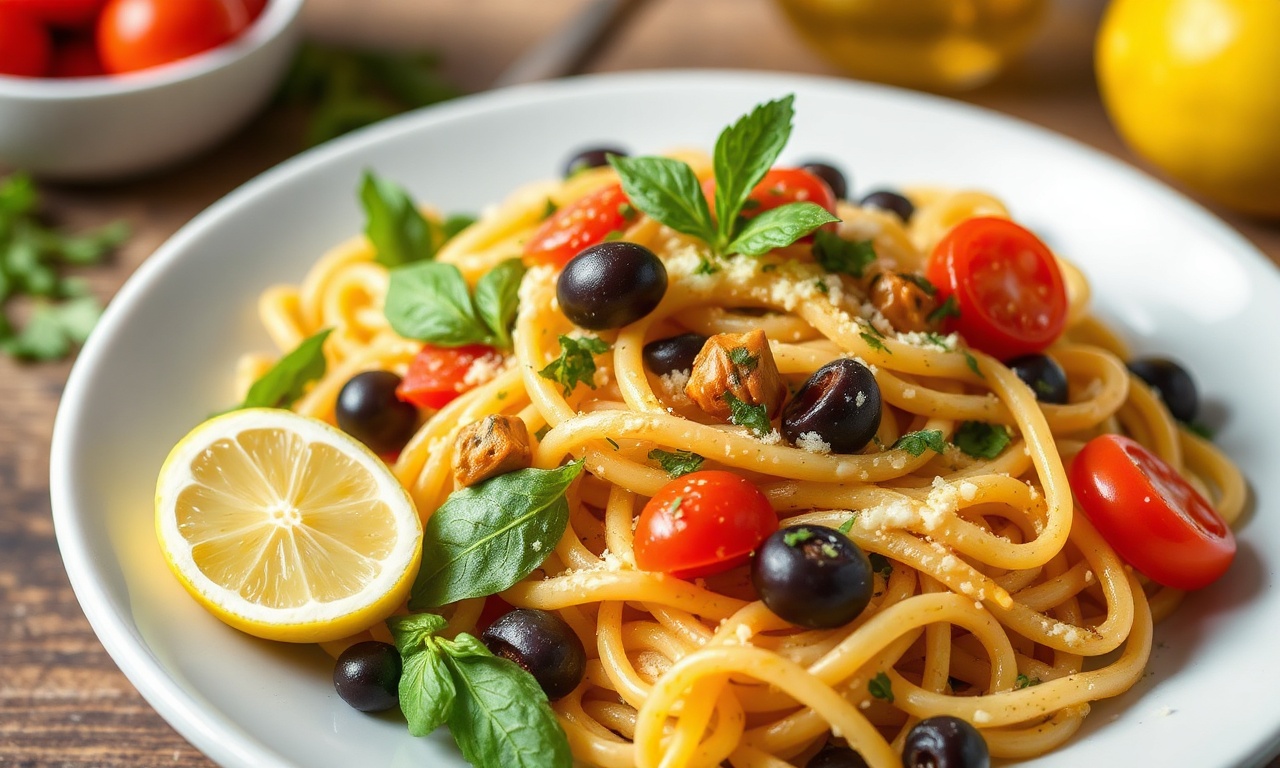 Bright Mediterranean pasta salad with fresh lemon-herb vinaigrette.