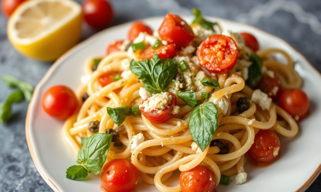 Bright Mediterranean pasta salad with lemon-herb vinaigrette.