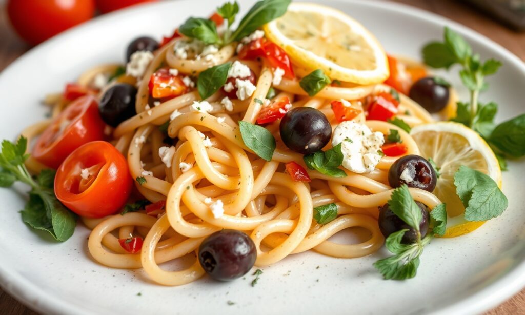 Bright Mediterranean pasta salad, bursting with fresh, zesty lemon-herb flavors.