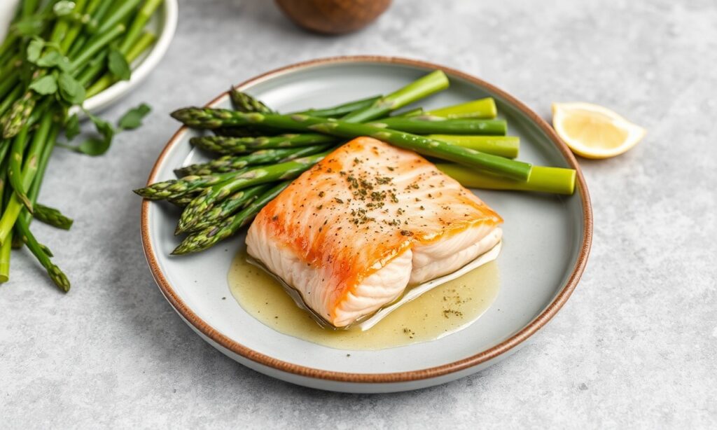 Perfect salmon with fresh asparagus, savoring spring flavors.
