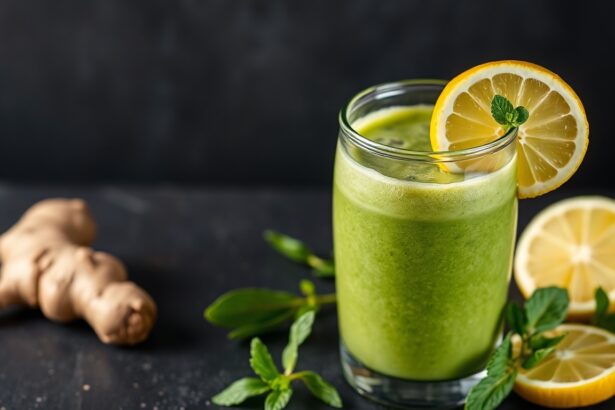 Vibrant green detox smoothie with ginger and lemon.