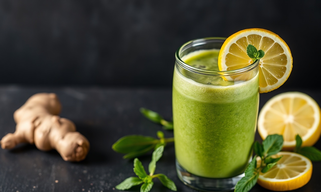 Vibrant green detox smoothie with ginger and lemon.