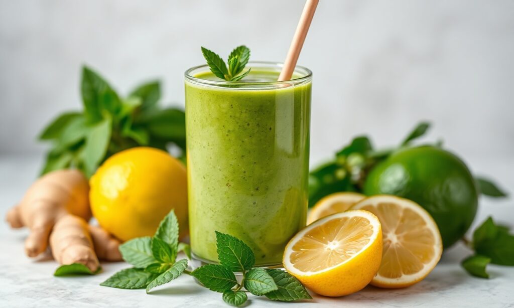 Refreshing Green Detox smoothie with ginger and lemon.