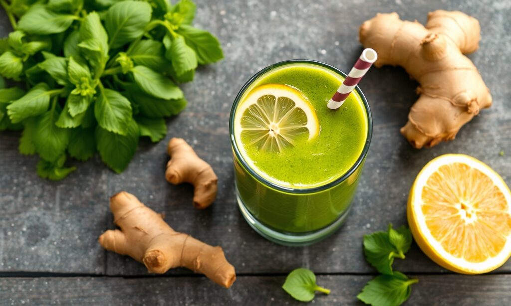 Refreshing green detox smoothie with ginger and lemon.