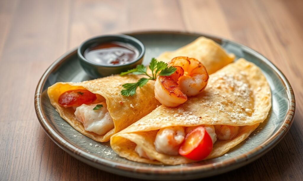 Crispy rice flour crepes with savory shrimp filling, simple elegance.