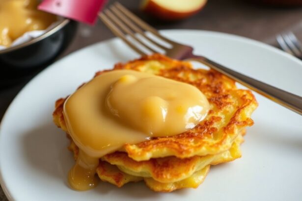 Golden crispy potato latkes with applesauce, a delicious pairing.