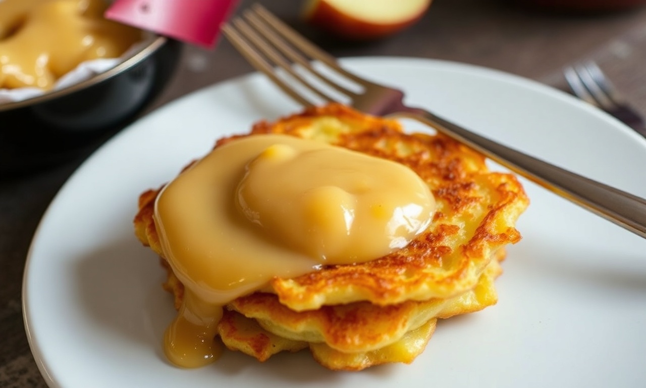 Golden crispy potato latkes with applesauce, a delicious pairing.