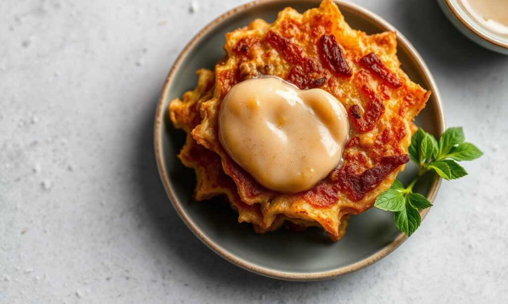 Golden crispy potato latkes served with applesauce, a delicious pairing.