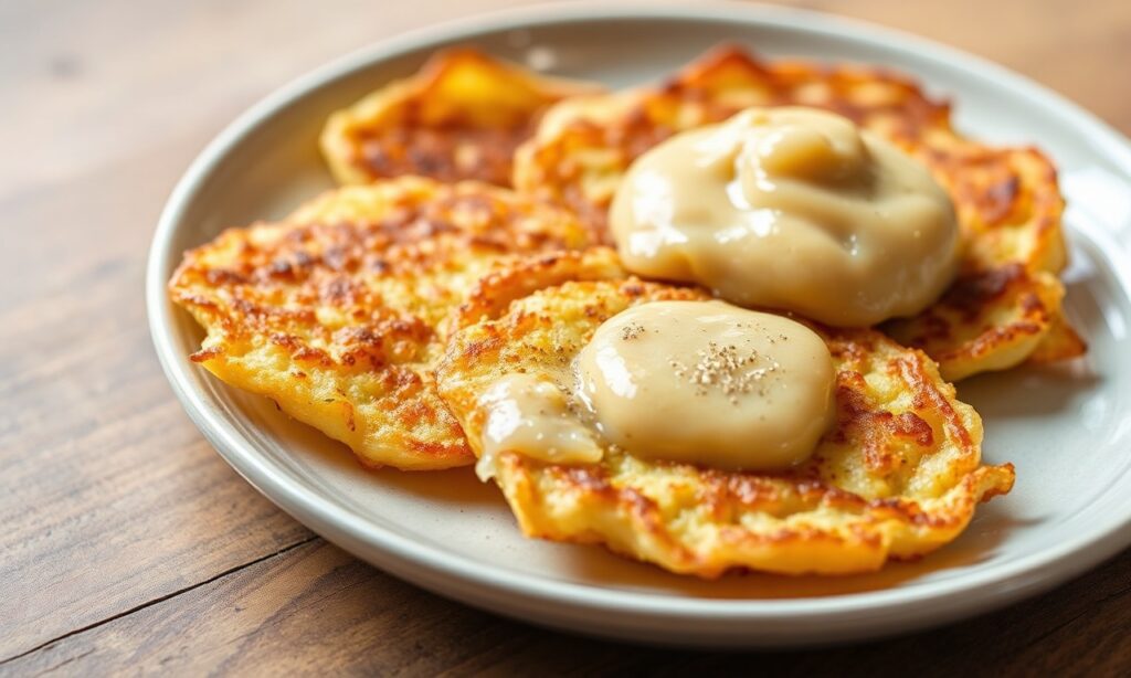Golden crispy potato latkes, perfectly fried, ready for applesauce.