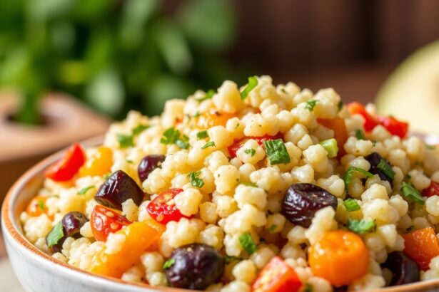 Colorful pearl couscous salad with roasted vegetables.