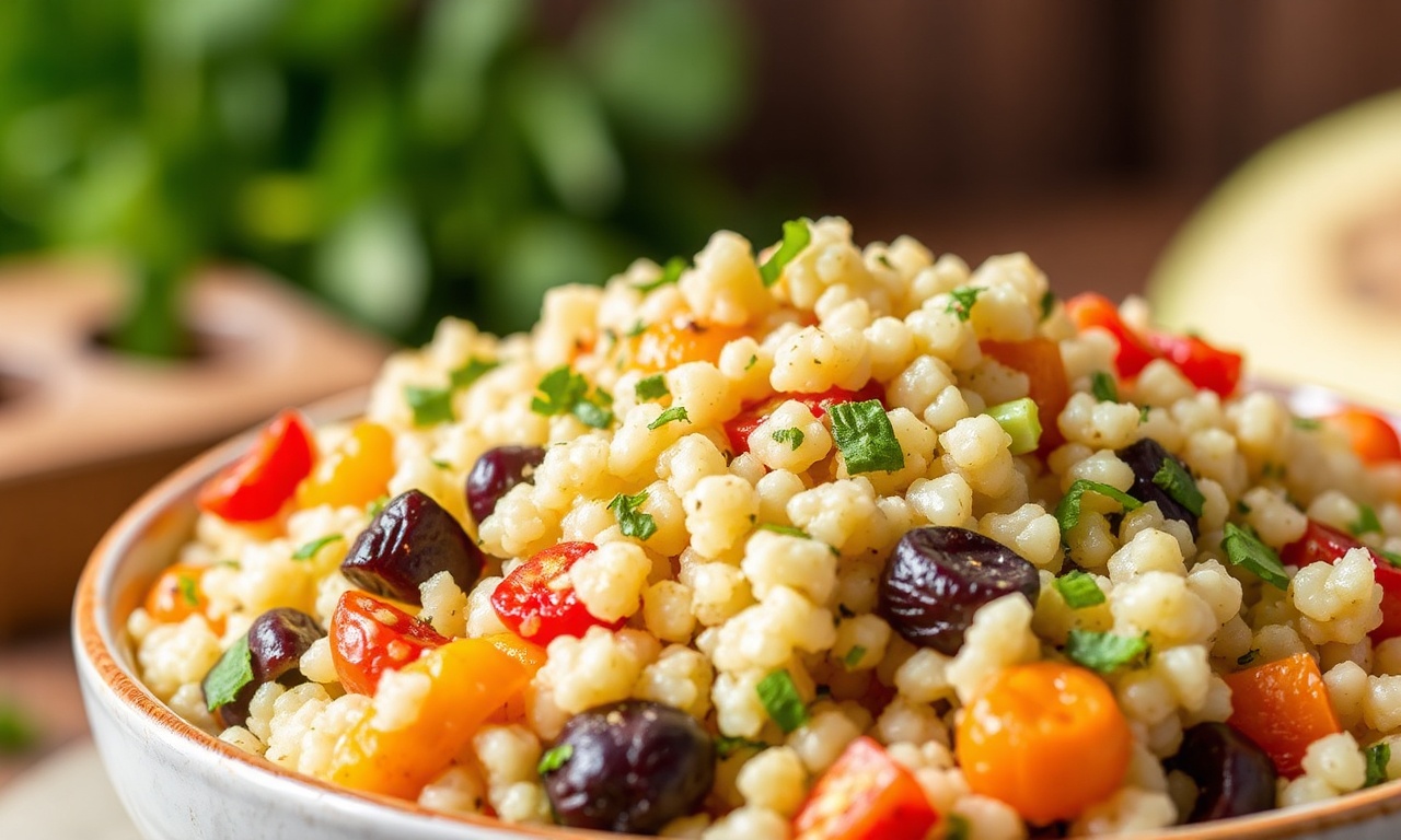 Colorful pearl couscous salad with roasted vegetables.
