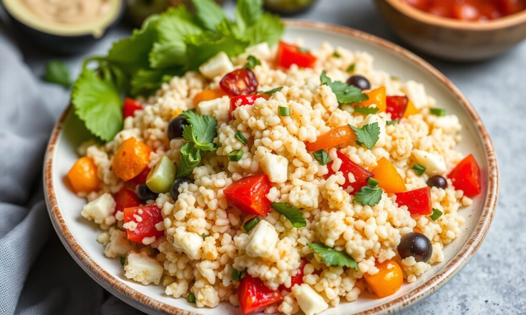 Colorful pearl couscous salad with roasted vegetables.
