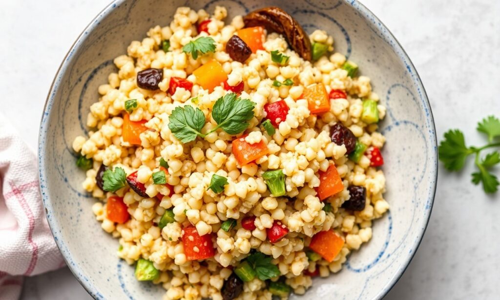 Colorful pearl couscous salad with roasted vegetables.