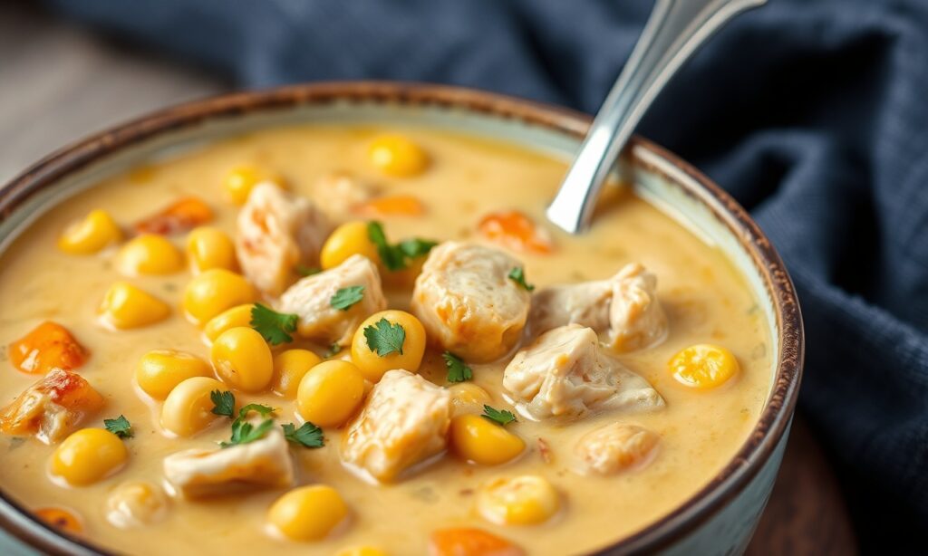 Hearty creamy chicken corn stew: a comforting, nourishing meal.