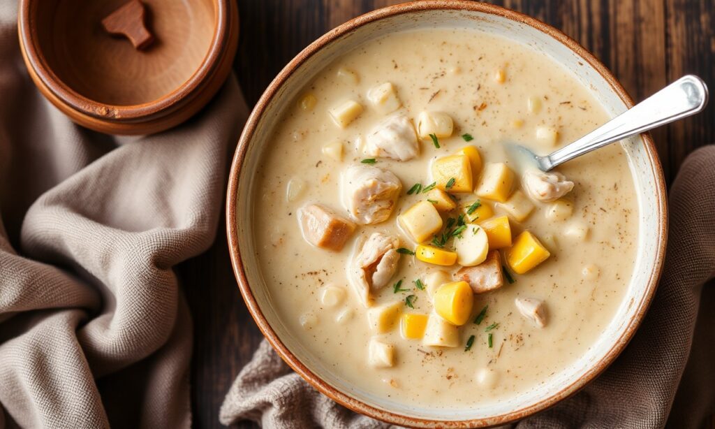 Hearty creamy chicken corn stew, a perfect autumn comfort meal.
