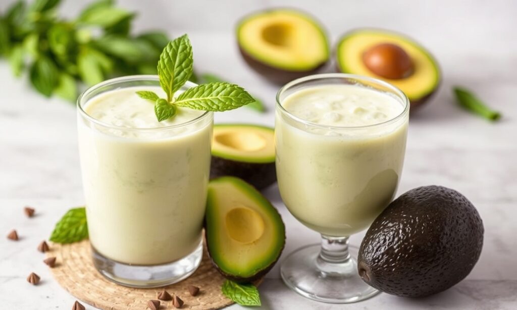 Creamy avocado and condensed milk shake, a sweet delight.