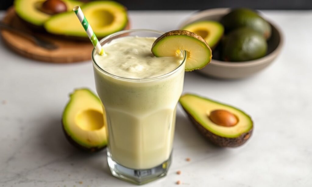 Creamy avocado condensed milk shake: a sweet, indulgent beverage.
