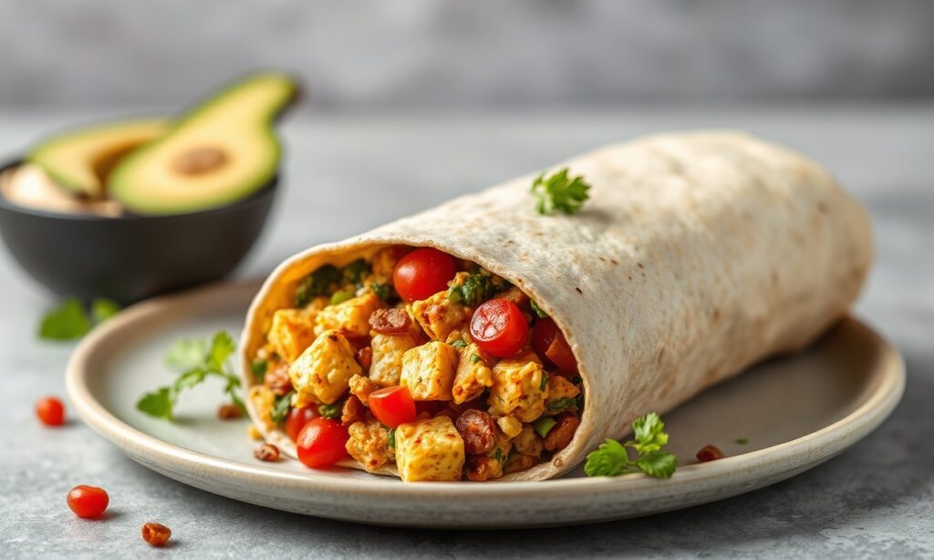 Delicious power-packed vegan tofu scramble burrito recipe.