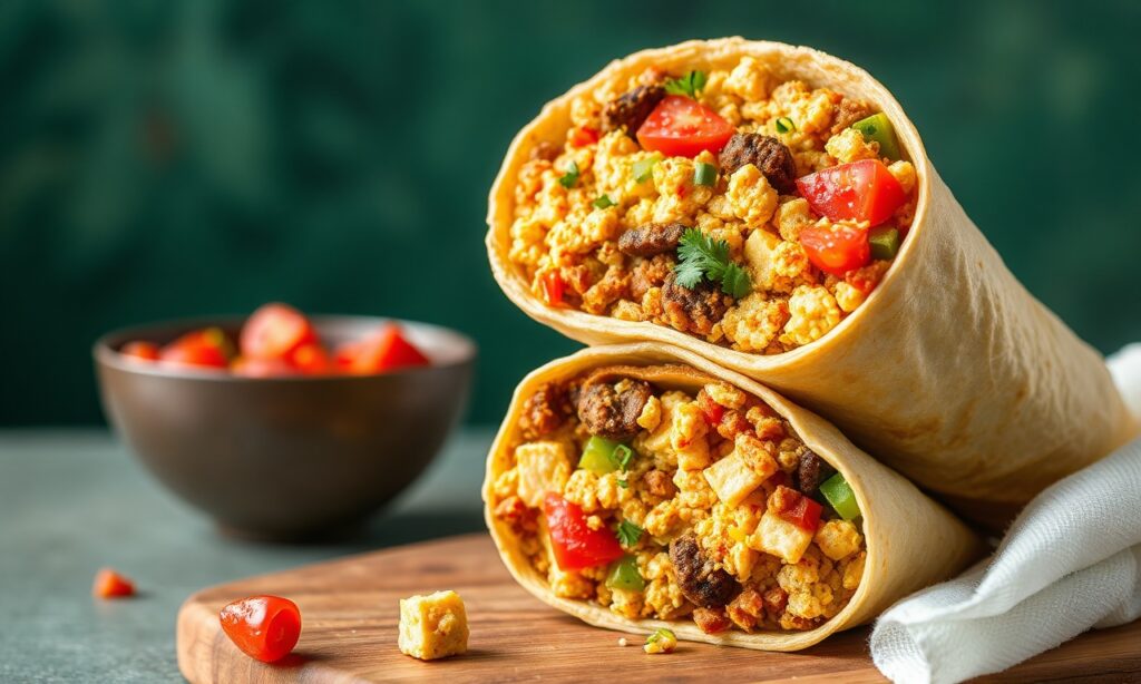 Delicious power-packed vegan tofu scramble burrito.
