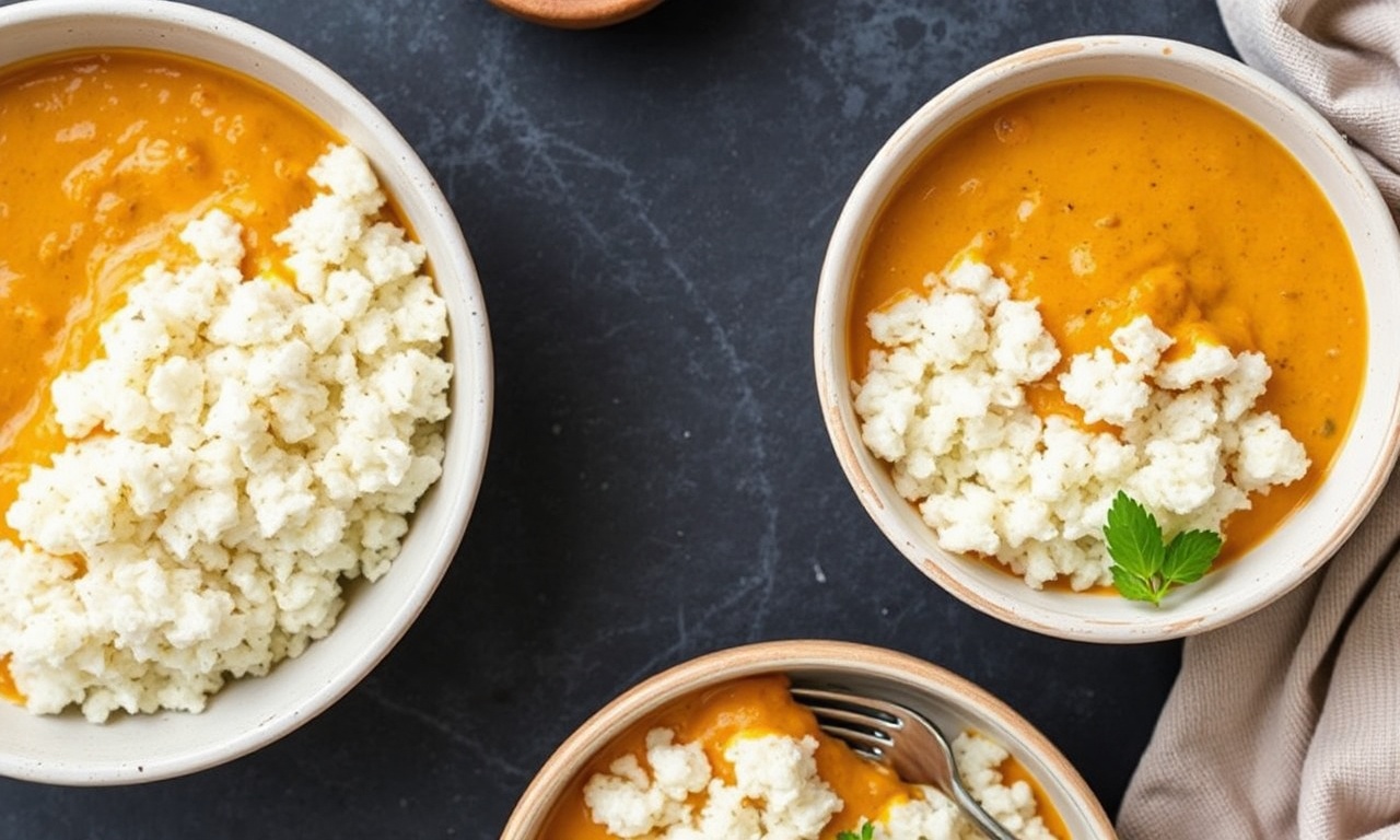 Creamy dairy-free keto coconut curry with cauliflower rice.