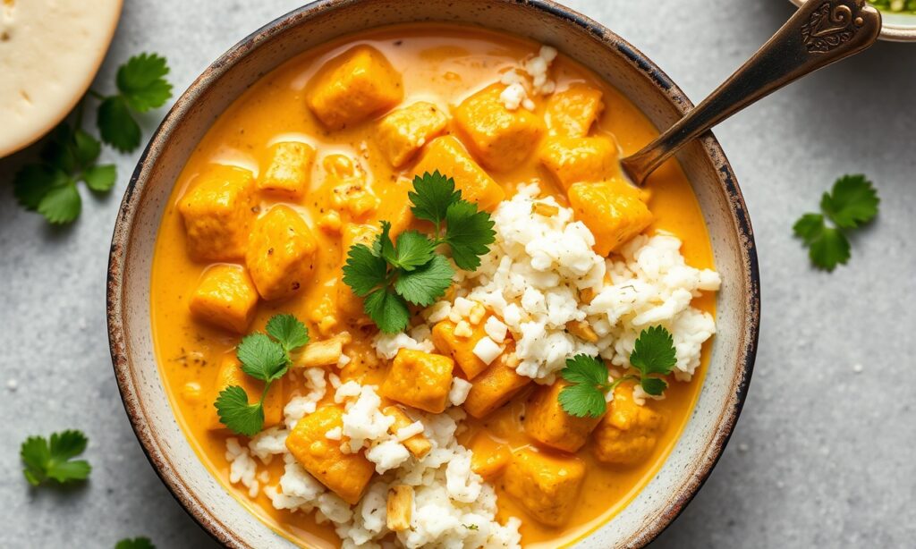 Creamy dairy-free keto coconut curry with cauliflower rice.