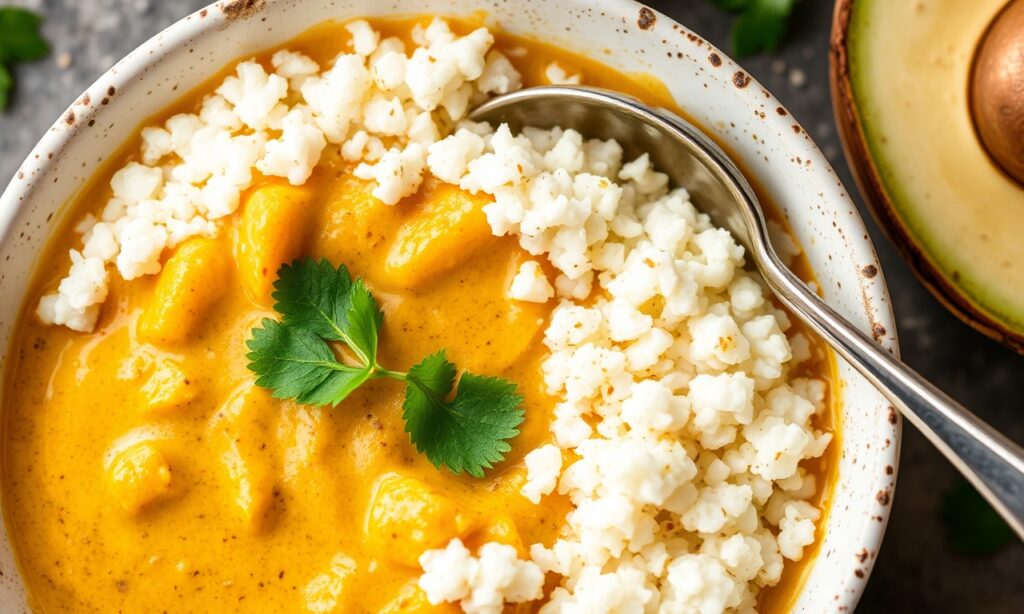 Creamy dairy-free keto coconut curry with cauliflower rice.