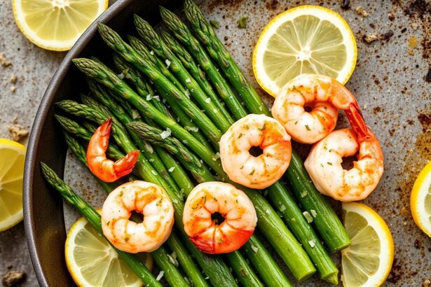 Irresistible zesty shrimp and asparagus sheet pan meal with lemon.