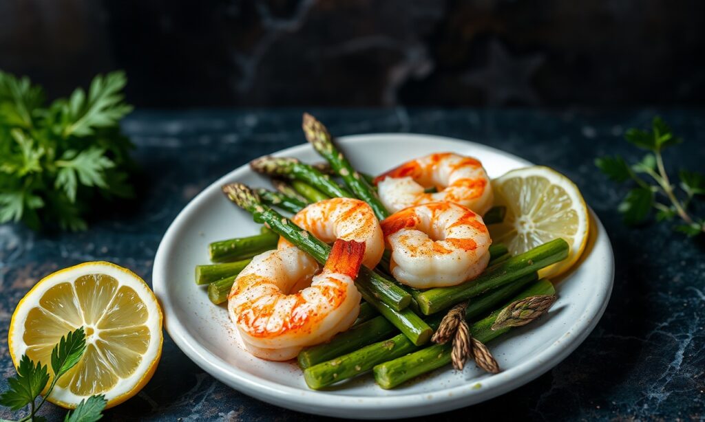 Irresistible zesty shrimp and asparagus sheet pan dinner with lemon.