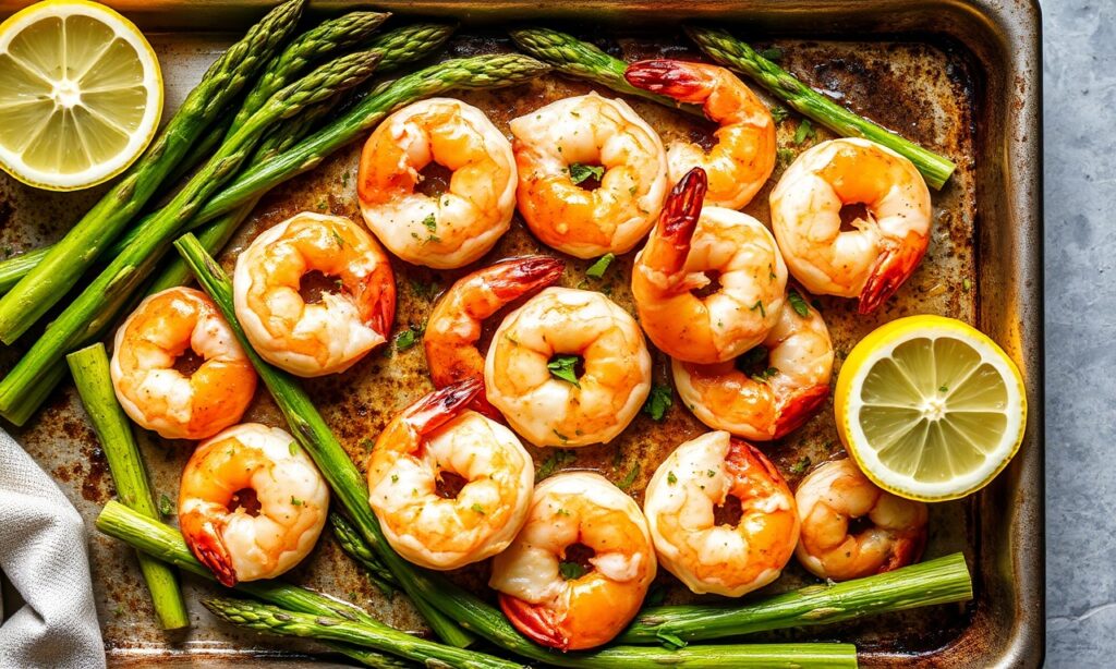 Irresistible zesty shrimp and asparagus sheet pan dinner with lemon.