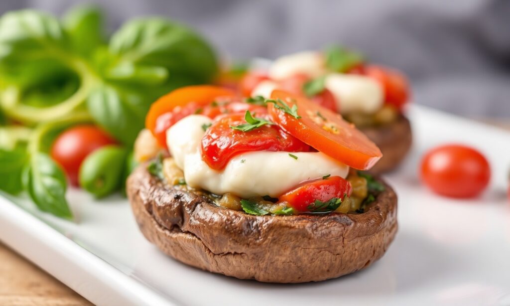 Delicious Caprese stuffed portobello mushrooms, fresh and flavorful.