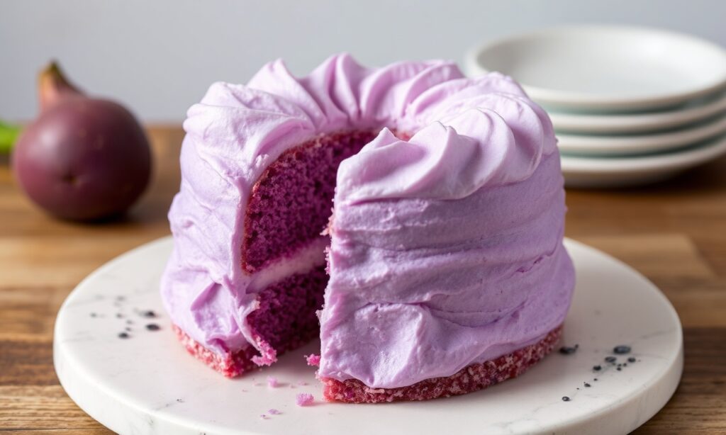 Fluffy ube chiffon cake, a vibrant purple yam delight.
