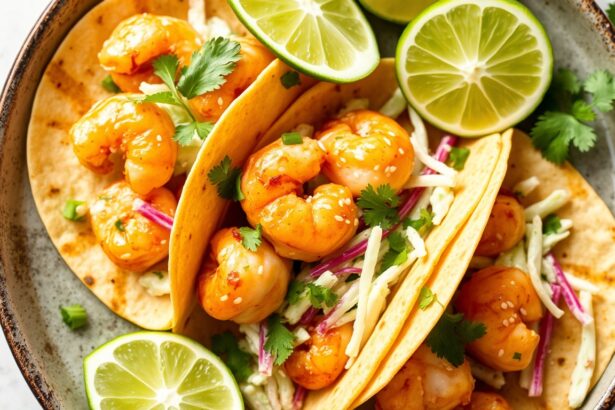 Irresistible zesty lime shrimp tacos with cilantro slaw close-up.