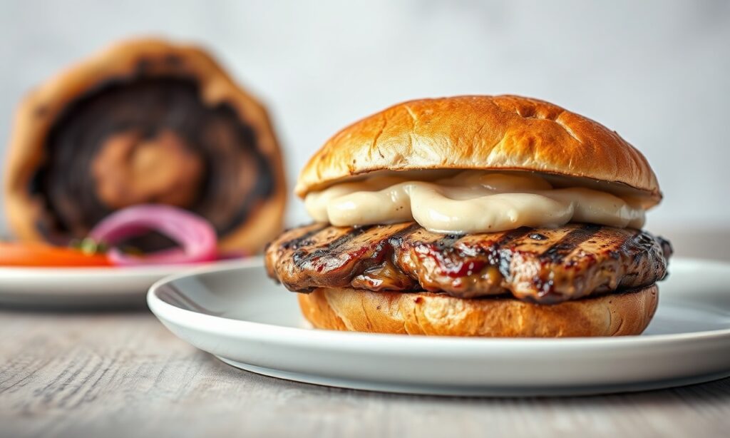 Grilled portobello mushroom sandwich, a hearty plant-based steak alternative.