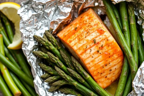 Delicious simple salmon asparagus foil packets recipe.
