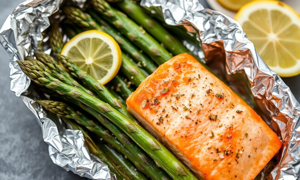 Delicious simple salmon asparagus foil packets recipe.