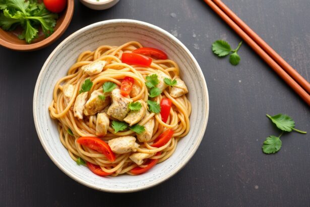Delicious stir-fried chicken noodles with fresh vegetables.