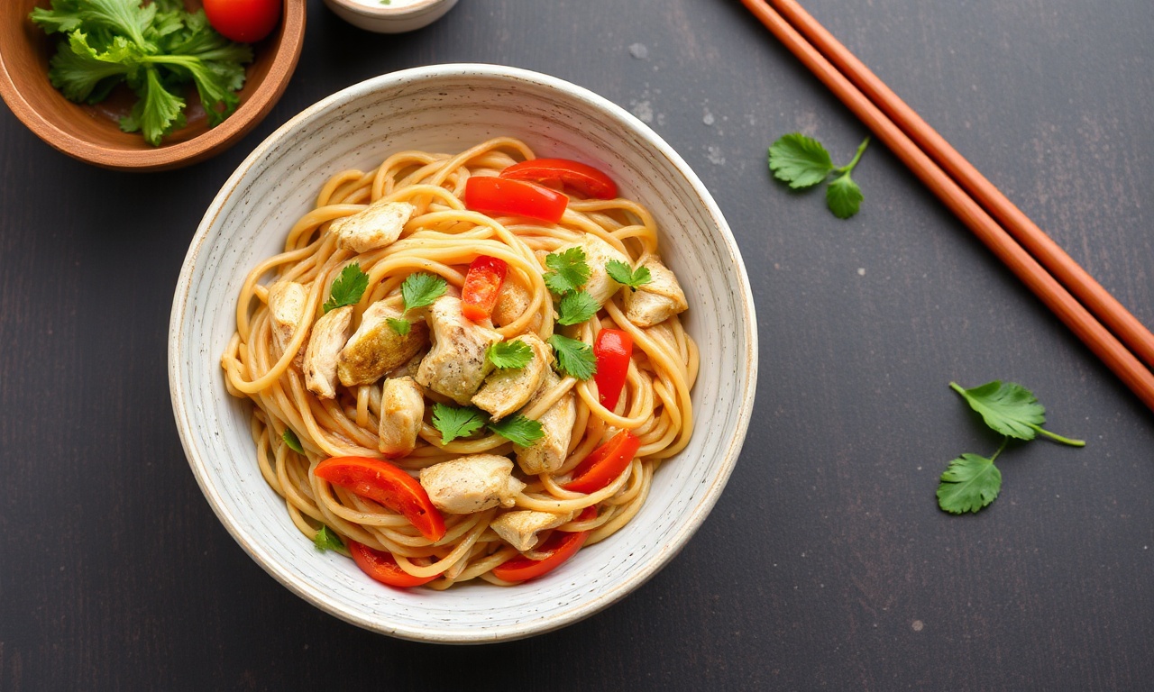 Delicious stir-fried chicken noodles with fresh vegetables.