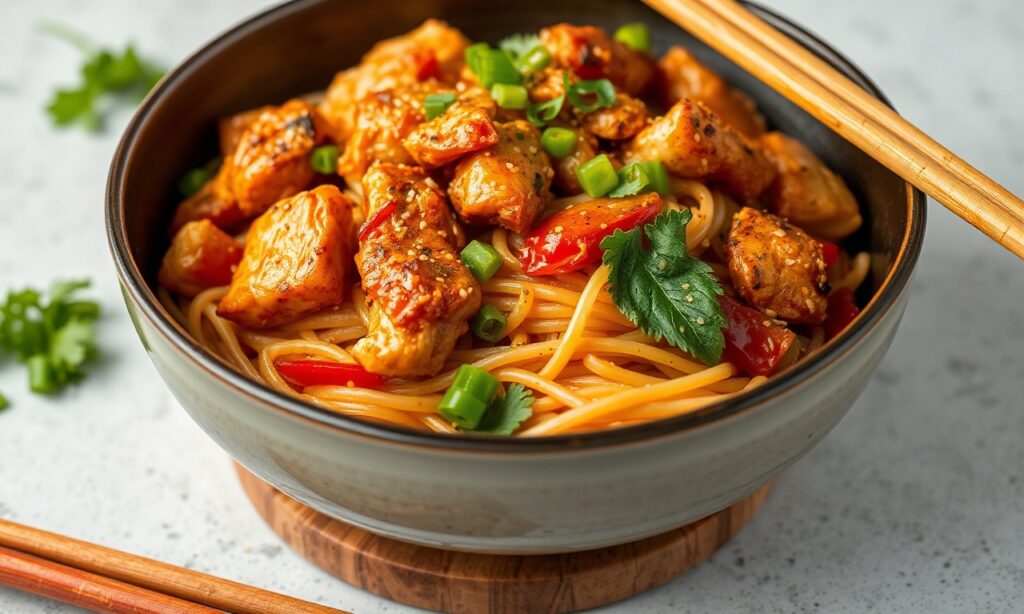 Delicious stir-fried chicken noodles and veggies, a simple satisfying meal.