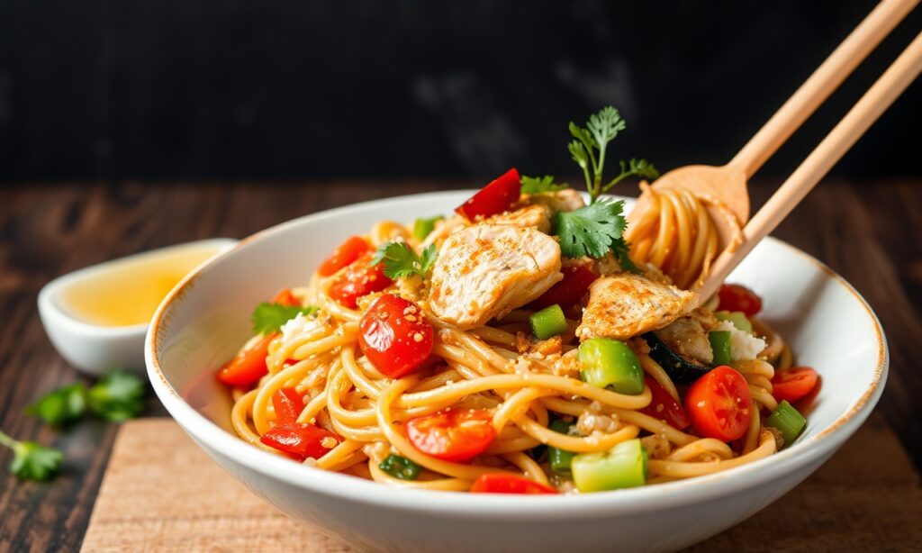 Delicious stir-fried chicken noodles with vibrant veggies.