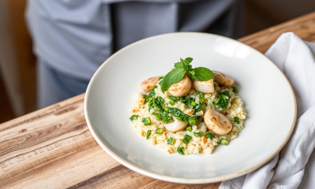 Creamy cuttlefish spinach risotto, a luscious spoonful.