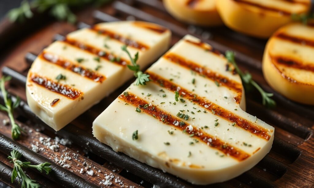 Delicious sizzling grilled provolone with oregano, a captivating cheese sizzle.