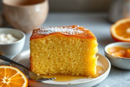 Irresistible golden semolina cake in orange blossom syrup.