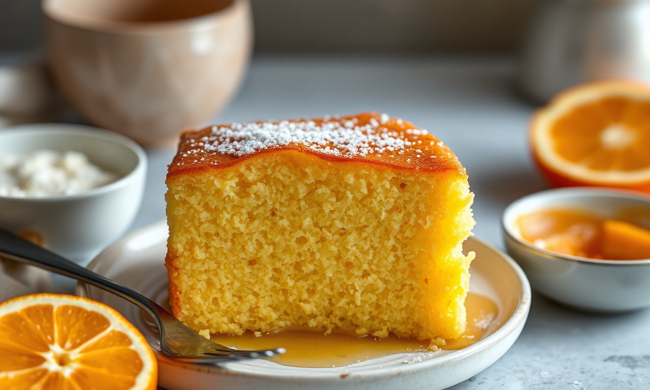 Irresistible golden semolina cake in orange blossom syrup.