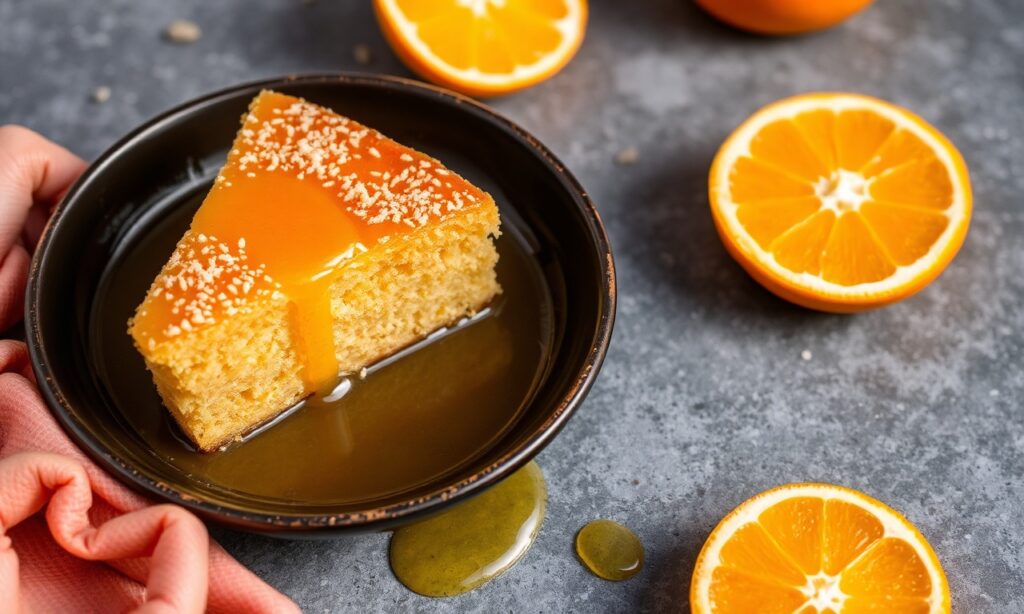Irresistible golden semolina cake with orange blossom syrup.