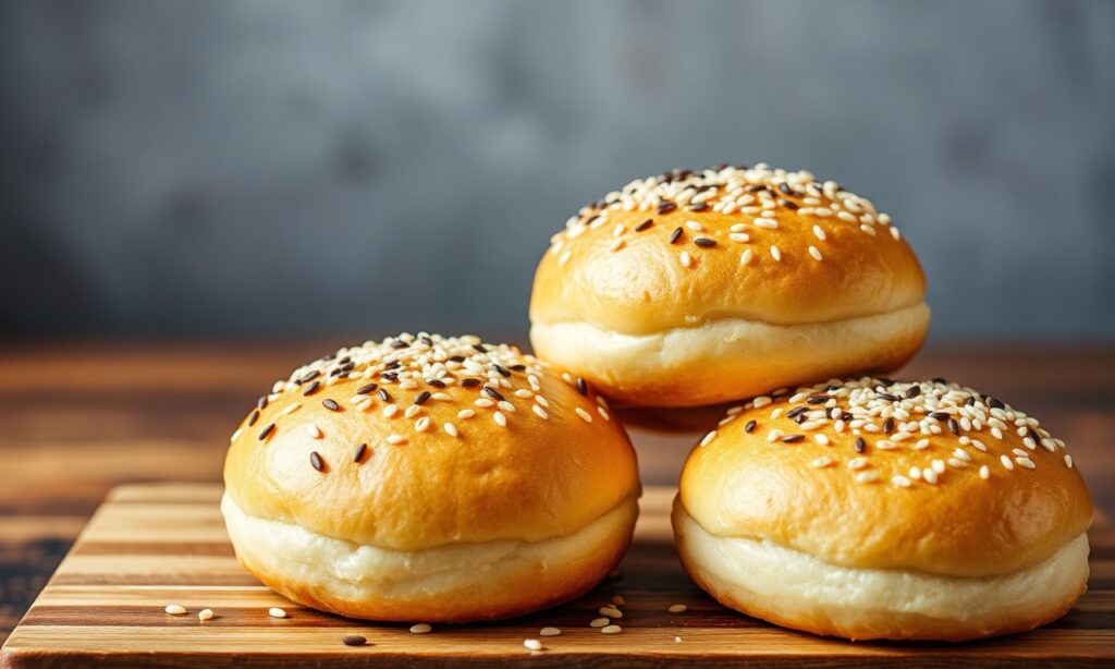 Delicious pan-fried sweet buns with crunchy sesame seeds.