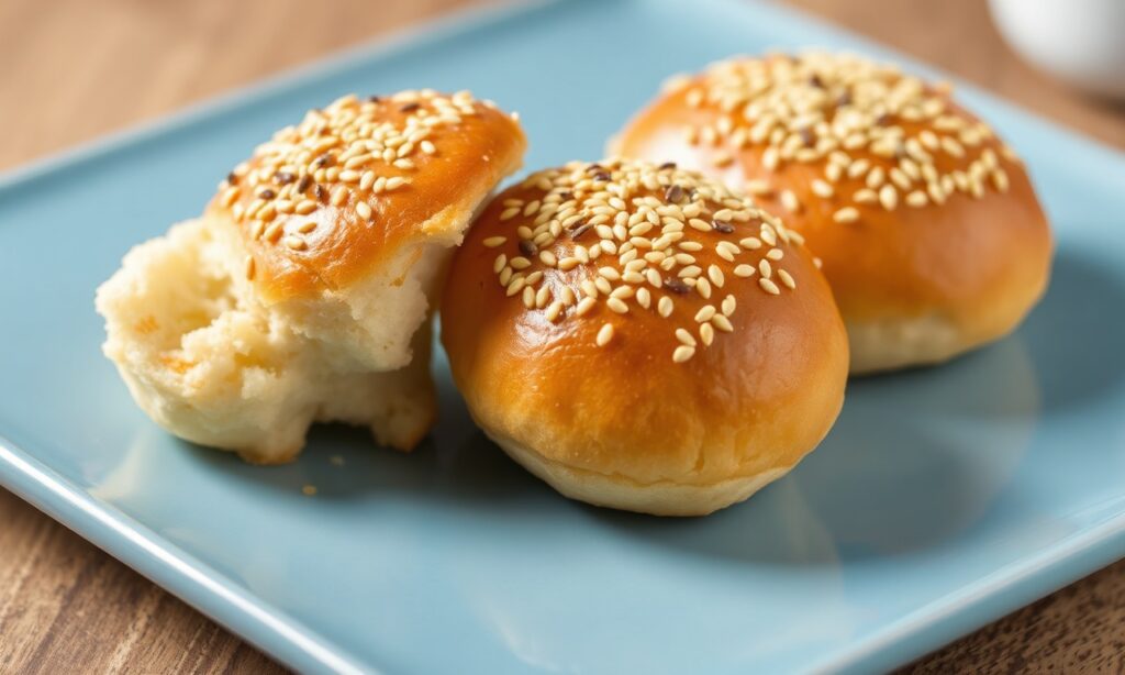 Delicious pan-fried sweet buns, golden, crisp, soft, with sesame seeds.