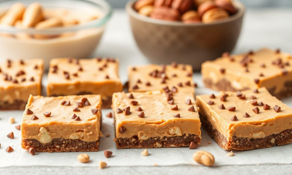 Easy keto no-bake peanut butter bars: quick, low-carb sweet treat.
