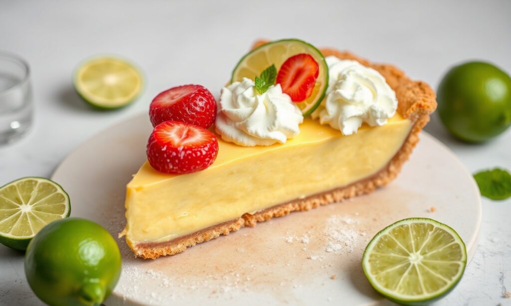 Zesty vegan key lime pie slice, a refreshing dairy-free delight.